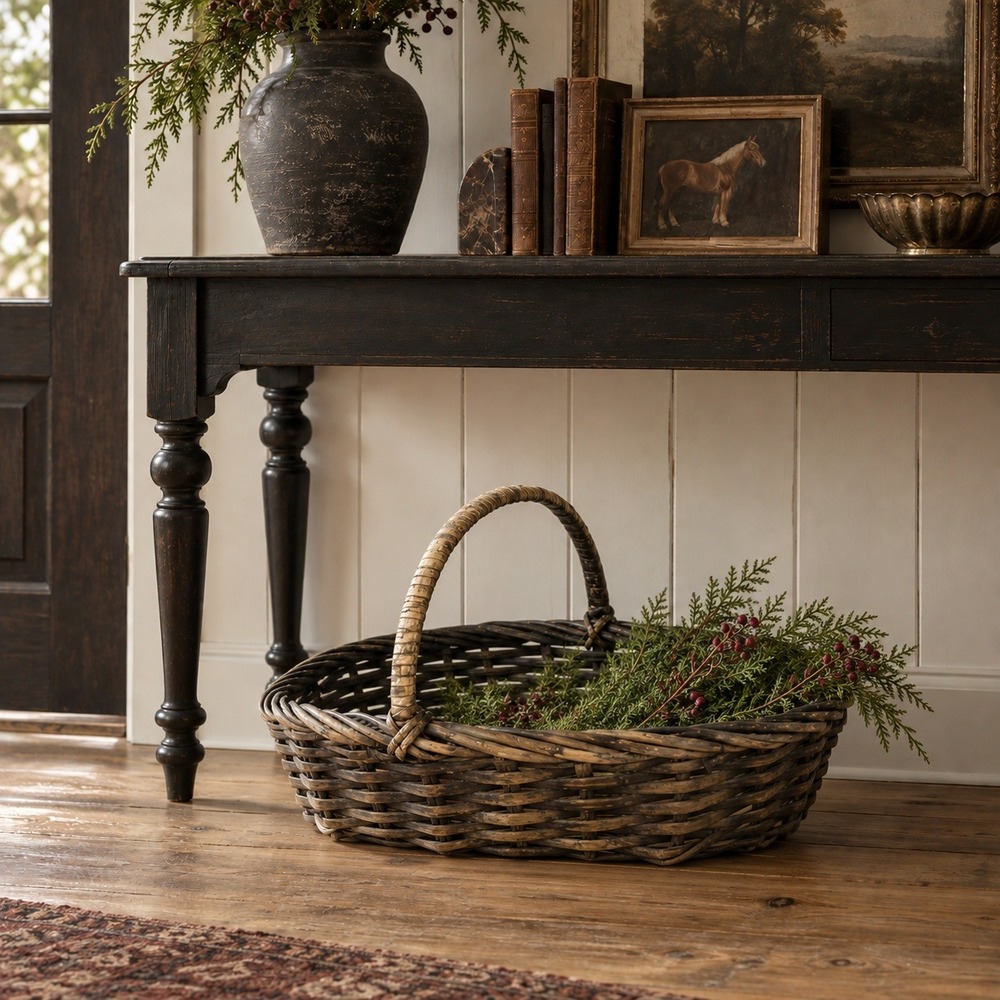 Vintage Dark Wicker Gathering Basket, Large Rustic Market Basket, Cottage Decor